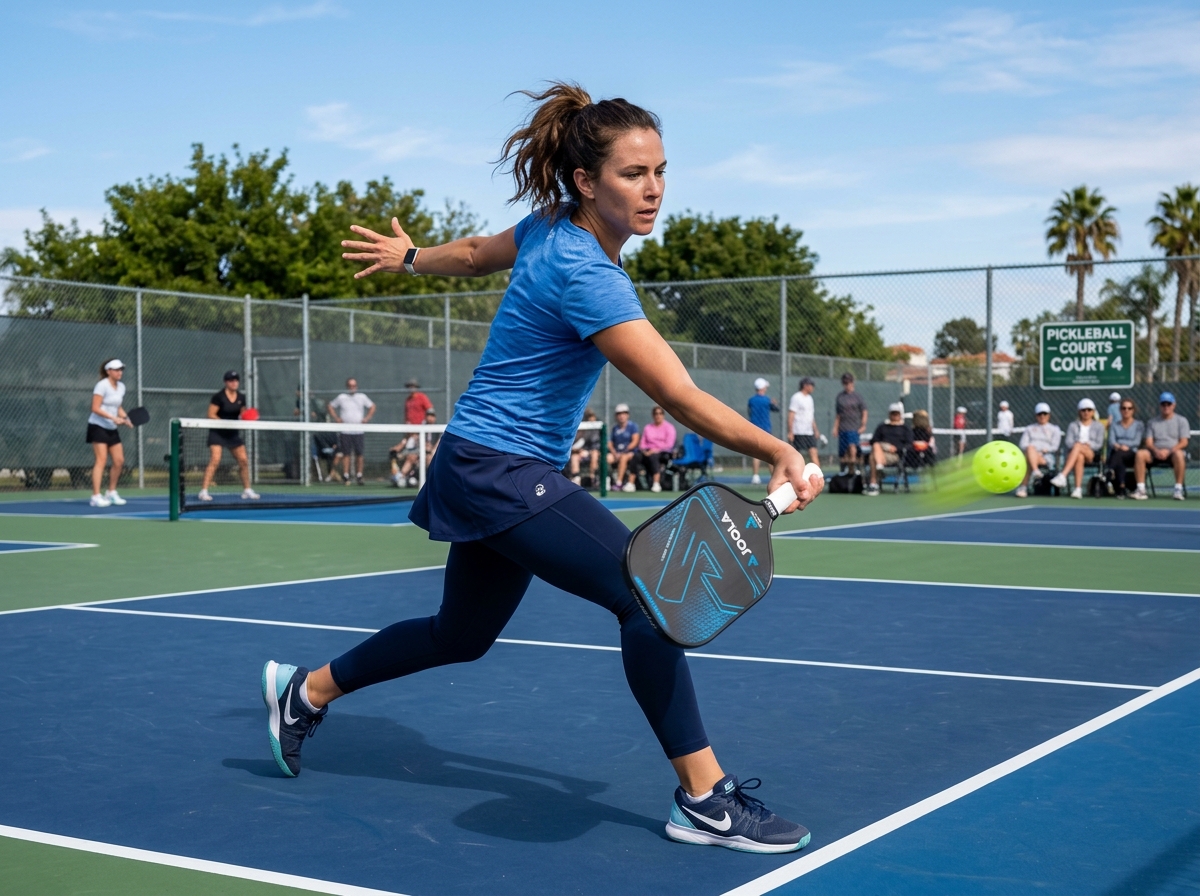 A player hitting a powerful drive with a modern paddle - wood vs fiberglass pickleball paddle