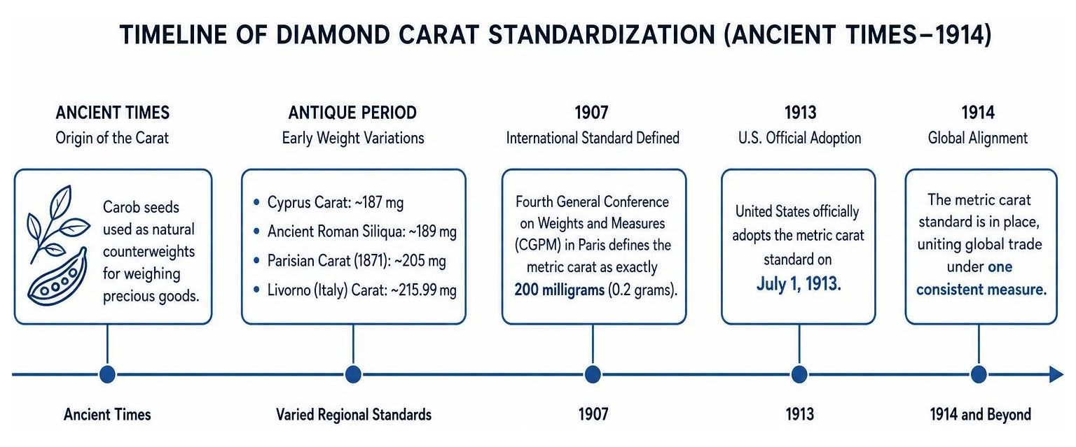 Timeline of diamond carat standardization from ancient times to 1914 Timeline of diamond carat standardization from ancient times to 1914