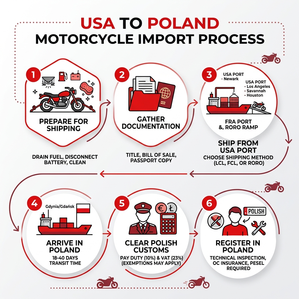 Step-by-step infographic of the USA to Poland motorcycle import process from shipping to registration - Poland motorcycle