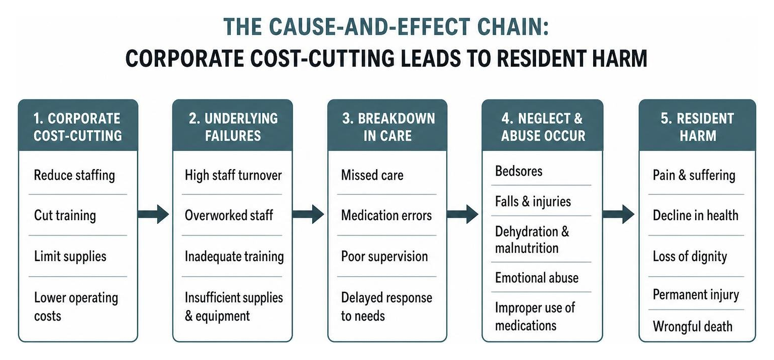 Diagram showing the cause-and-effect chain of corporate cost-cutting leading to resident harm