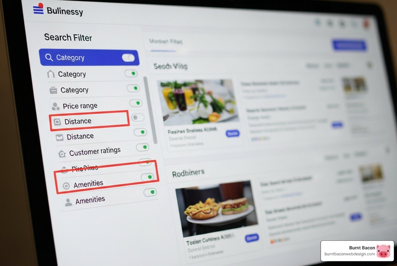 user interface for a local directory search highlighting filter options - local listings utah