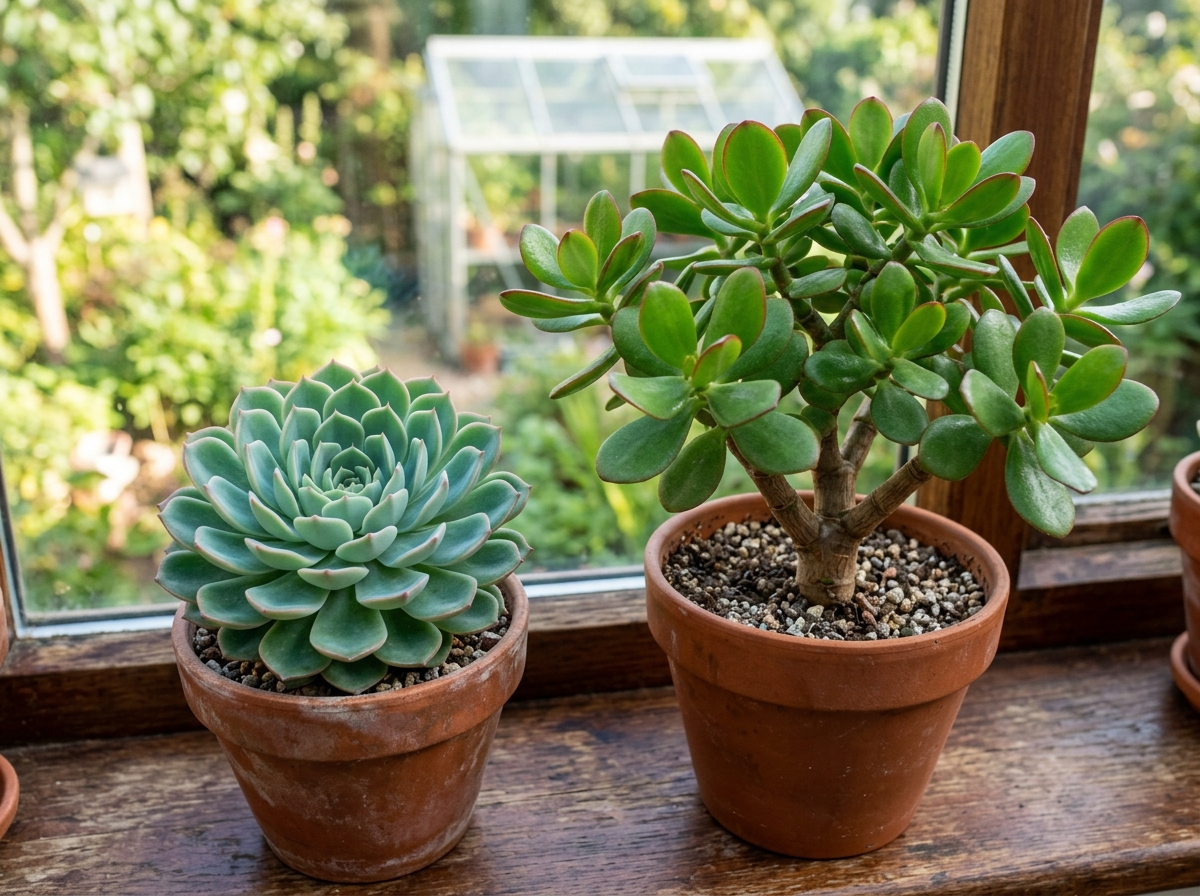 Healthy Echeveria and Jade plants ready for propagation - succulent propagation from leaves