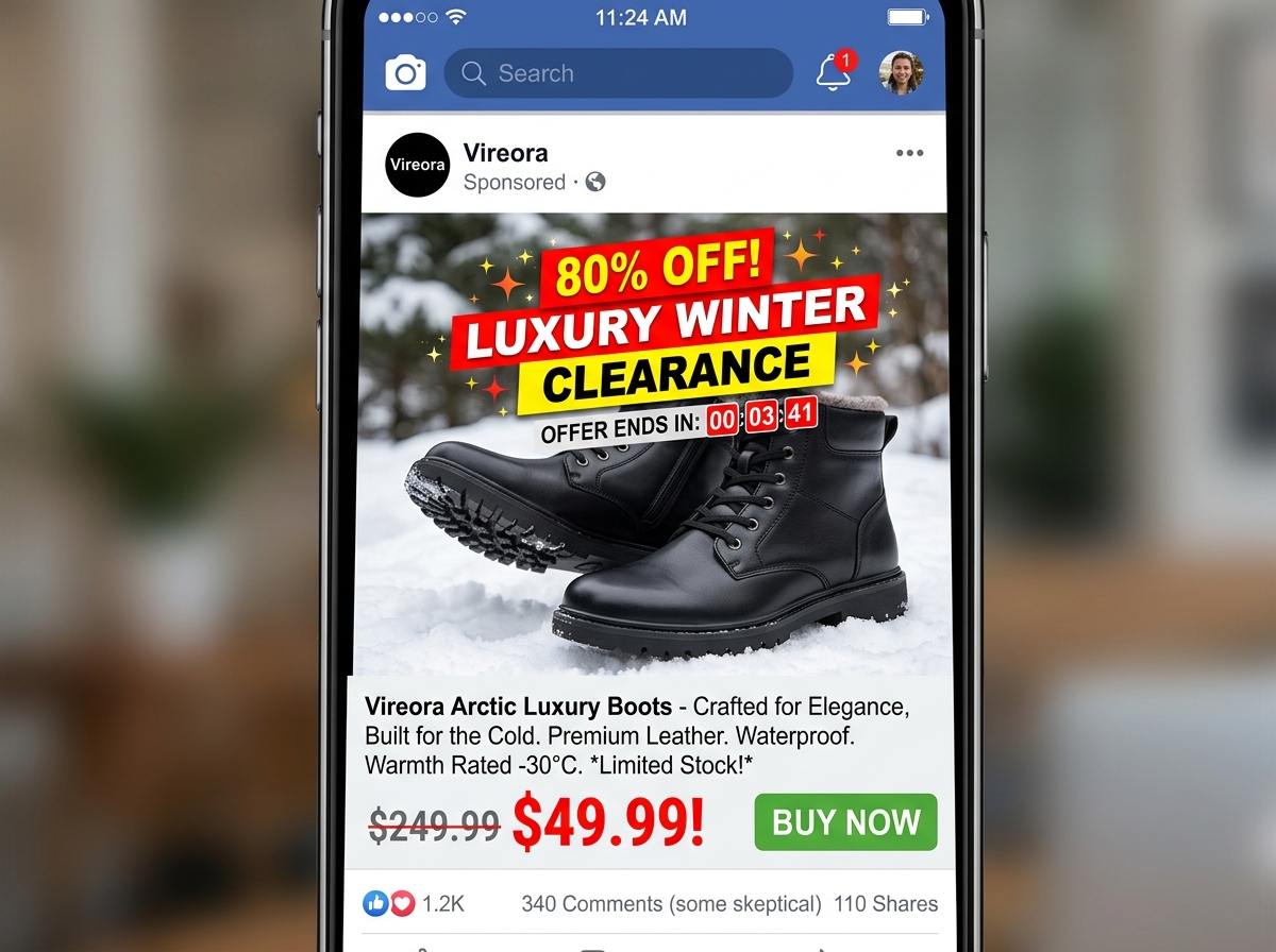 Misleading social media advertisement for Vireora boots showing high-end leather boots at a massive discount - vireora boots Misleading social media advertisement for Vireora boots showing high-end leather boots at a massive discount - vireora boots