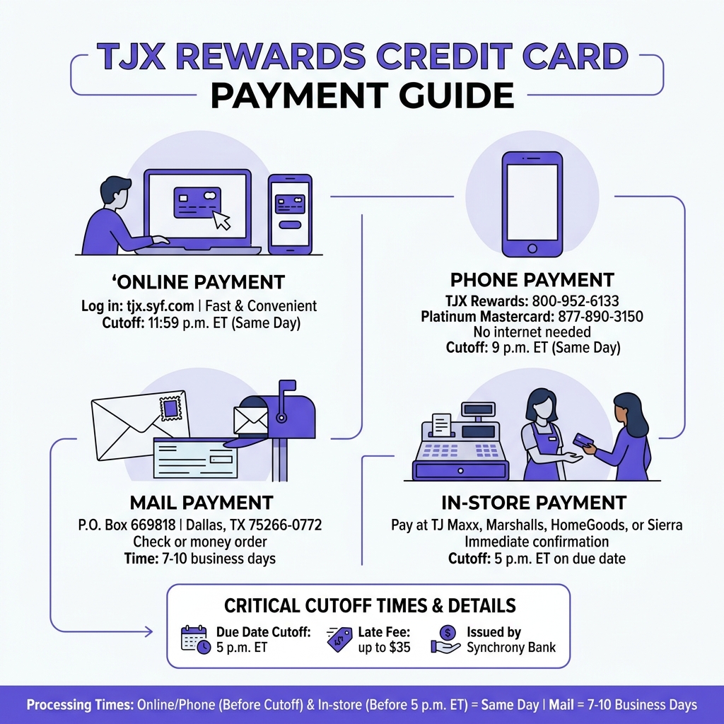 Infographic showing TJX Rewards credit card payment methods, cutoff times, and contact details - tj maxx credit card payment