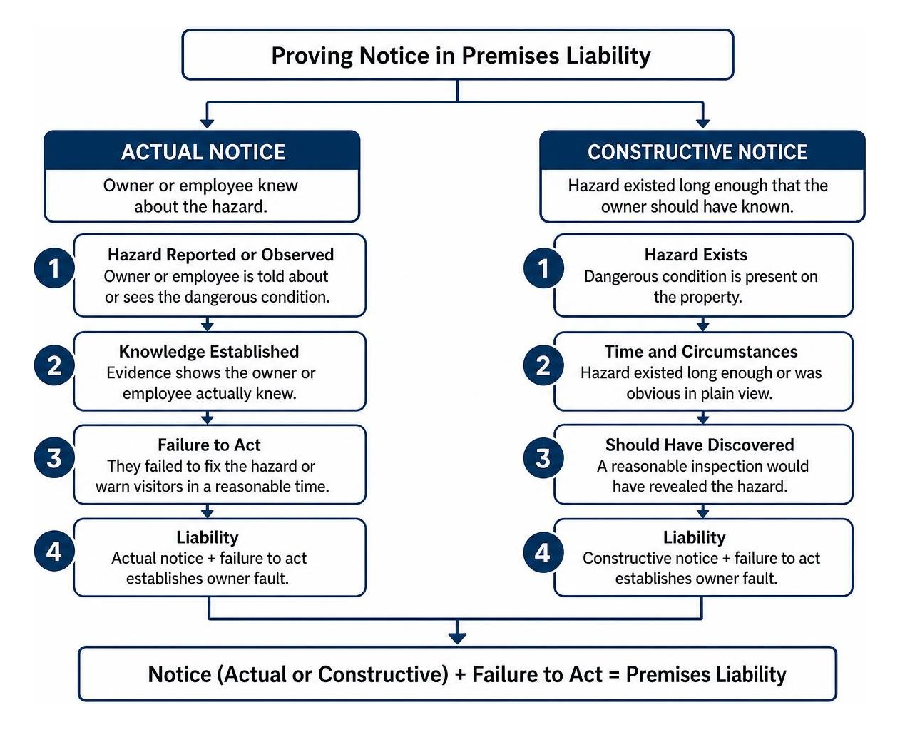 Diagram showing process of proving actual notice versus constructive notice in premises liability Diagram showing process of proving actual notice versus constructive notice in premises liability