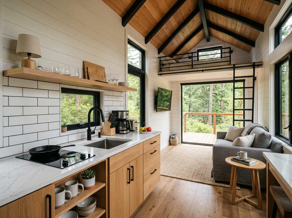 modern tiny home interior with a quartz kitchen and high ceilings - tiny home for backyard