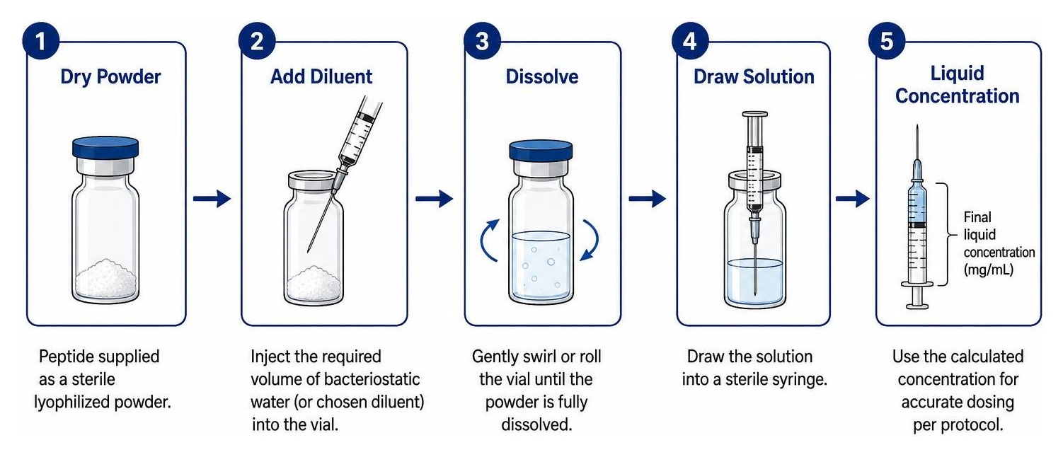 step by step flow of peptide reconstitution from dry powder to liquid concentration