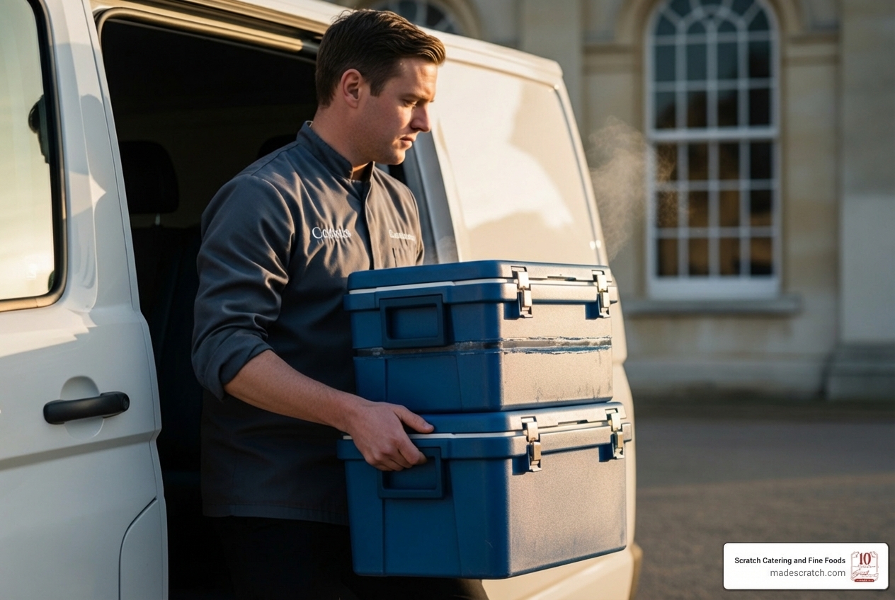 food being delivered in professional, insulated containers by a caterer - drop off catering food being delivered in professional, insulated containers by a caterer - drop off catering