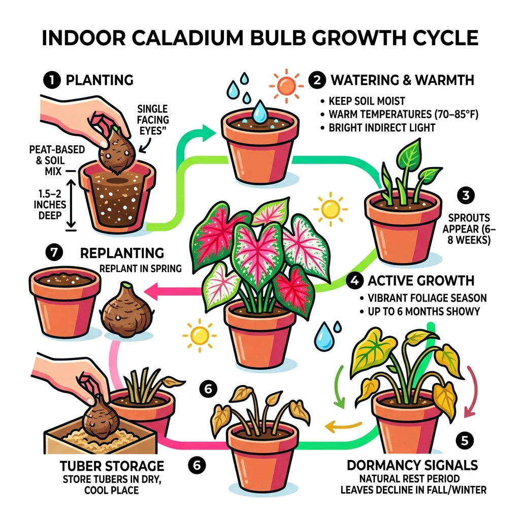 Indoor caladium bulb growth cycle from planting to dormancy infographic - caladium bulb plant indoors infographic 