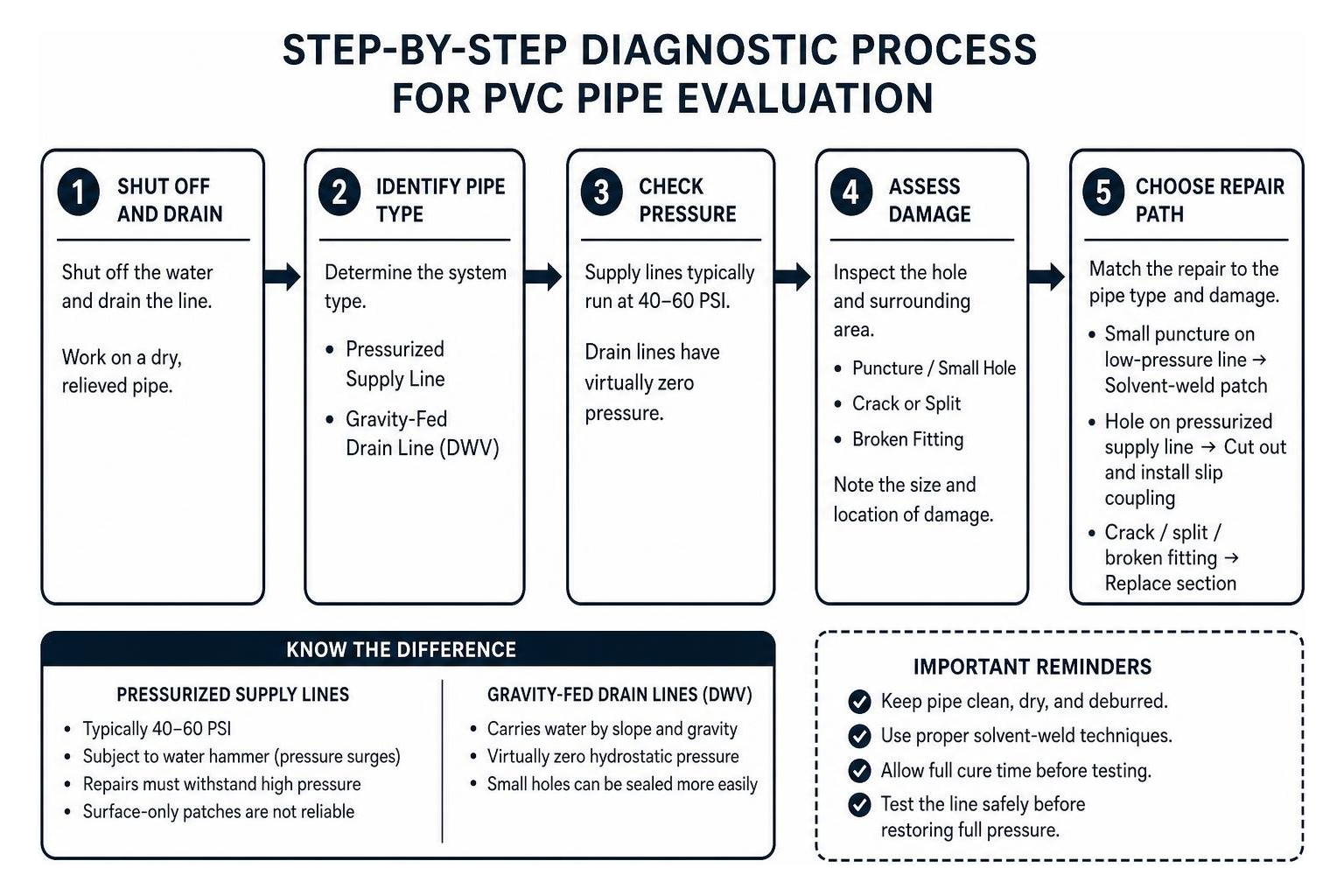 step-by-step diagnostic process for PVC pipe evaluation