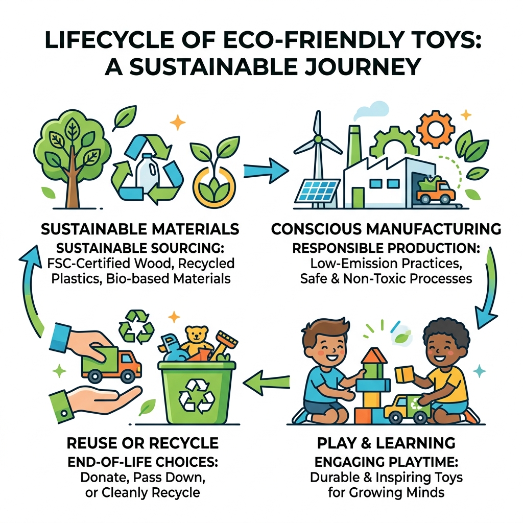 Lifecycle of eco-friendly toys from sustainable materials to play to disposal - eco toys for 6 year olds infographic 