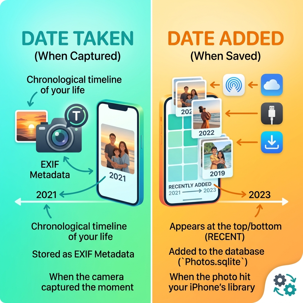Infographic showing the difference between Date Taken and Date Added in iPhone Photos app sorting - sort iphone photos by