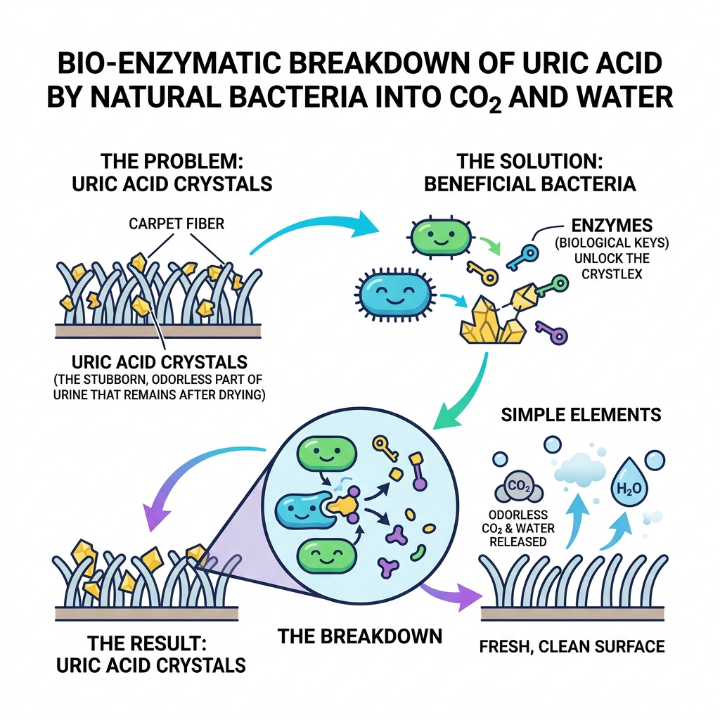 Bio-enzymatic breakdown of uric acid by natural bacteria into CO2 and water - natural urine destroyer infographic 