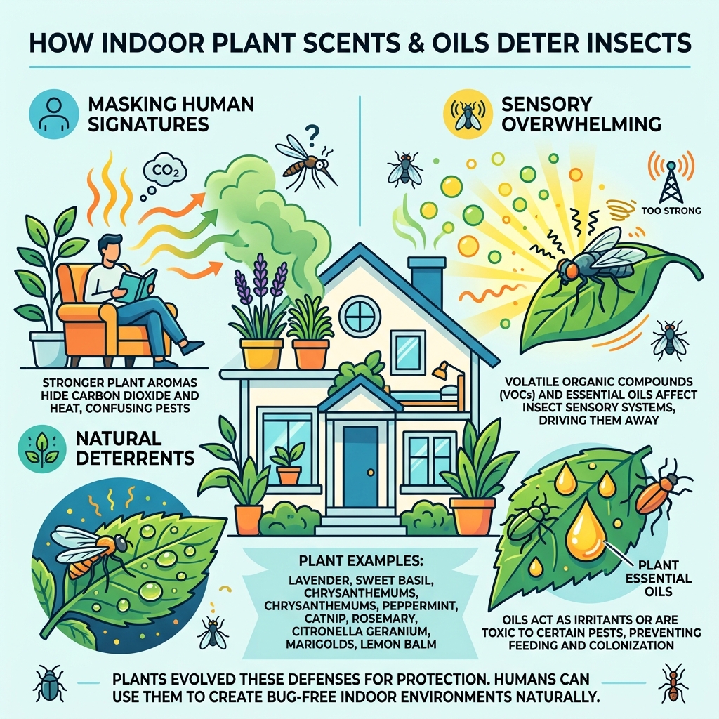 Infographic showing how indoor plant scents and oils deter common household insects - plants that keep bugs away indoors