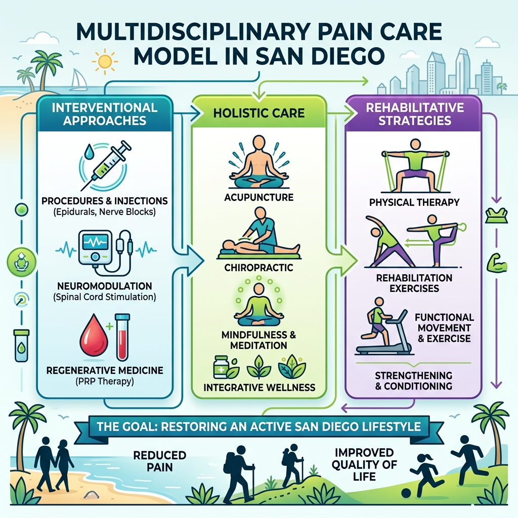 Multidisciplinary pain care model in San Diego showing interventional, holistic, and rehabilitative approaches - pain