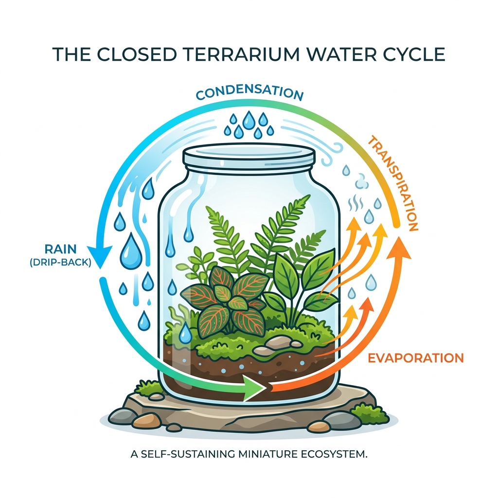 Infographic showing the closed terrarium rain cycle: evaporation, condensation, and transpiration loop - closed terrarium Infographic showing the closed terrarium rain cycle: evaporation, condensation, and transpiration loop - closed terrarium