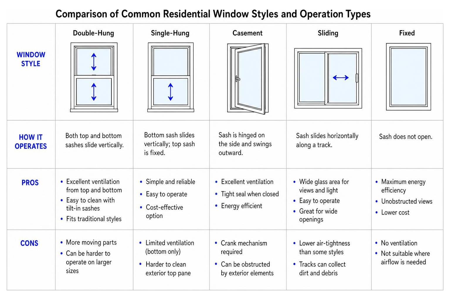 Comparison of common residential window styles and operation types Comparison of common residential window styles and operation types