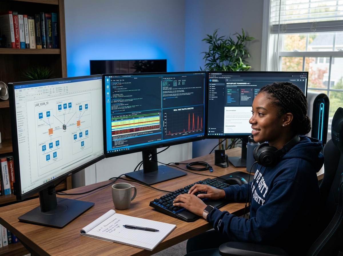 student using a virtual security lab with multiple monitor setups showing code and network traffic - cybersecurity degree
