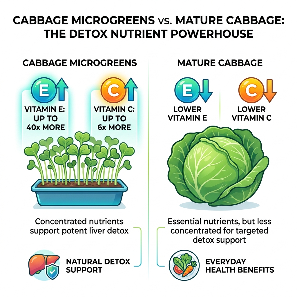 Infographic comparing nutrient levels in cabbage microgreens vs. mature cabbage, showing 40x vitamin E and 6x vitamin C