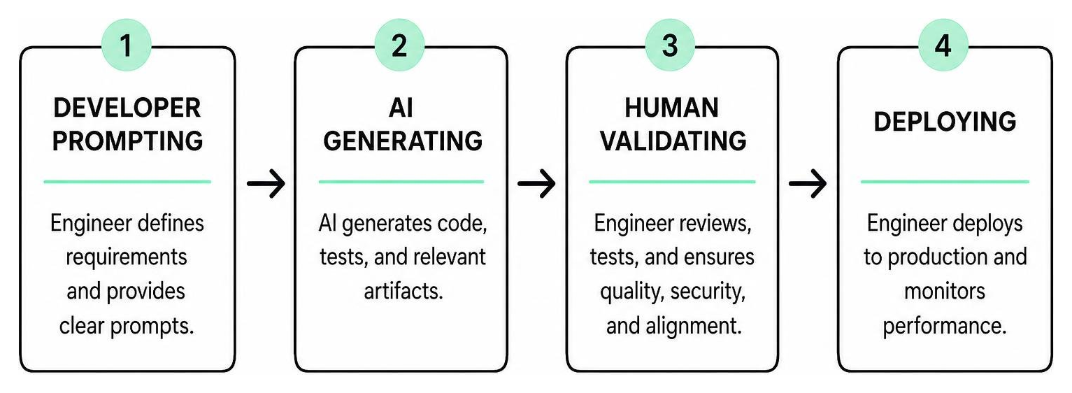 vibe coding process diagram: developer prompting, AI generating, human validating and deploying