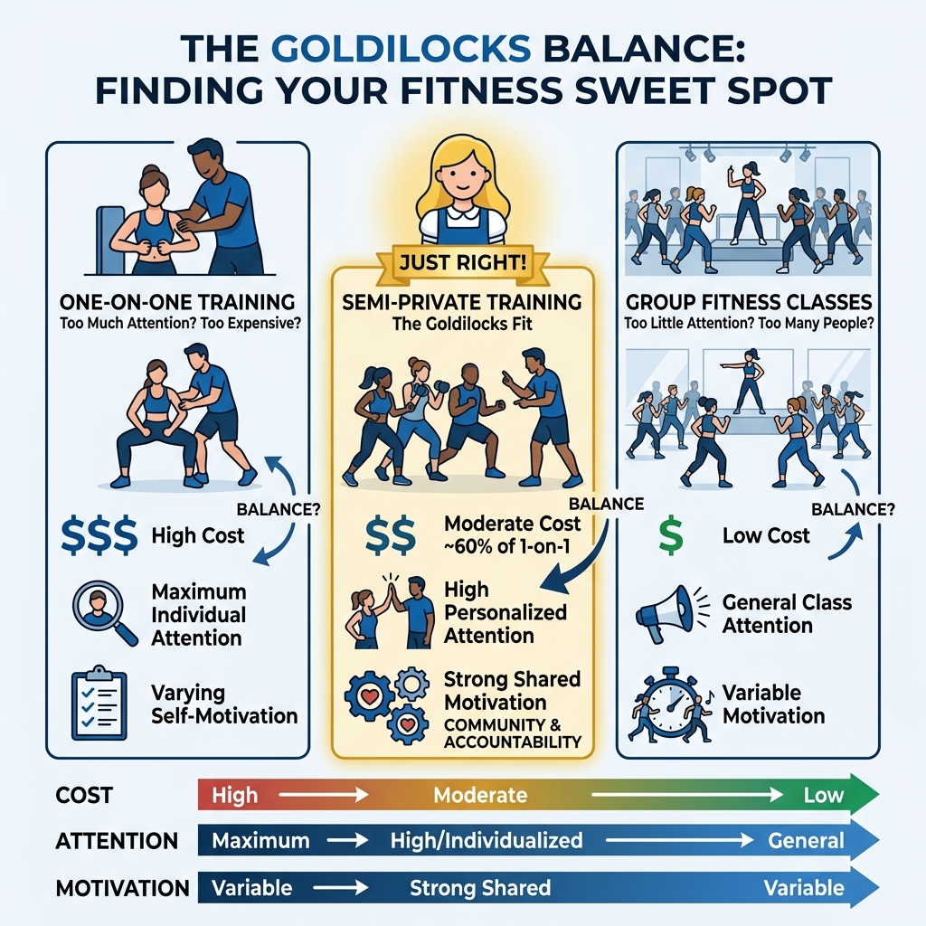 Infographic showing the Goldilocks balance: 1-on-1 vs Semi-Private vs Group Fitness across cost, attention, and motivation Infographic showing the Goldilocks balance: 1-on-1 vs Semi-Private vs Group Fitness across cost, attention, and motivation