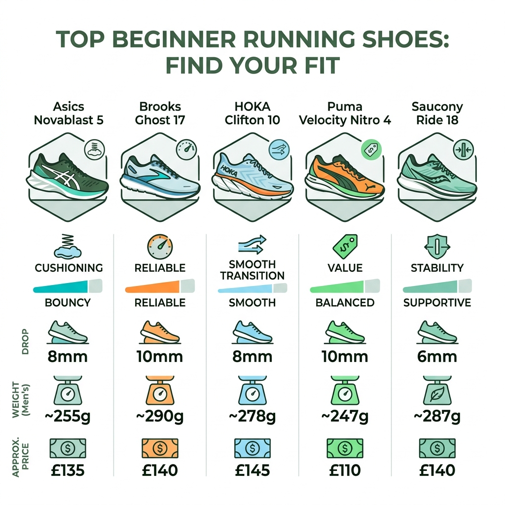 Infographic showing top beginner running shoes compared by cushioning, drop, weight, and price - best running shoes for