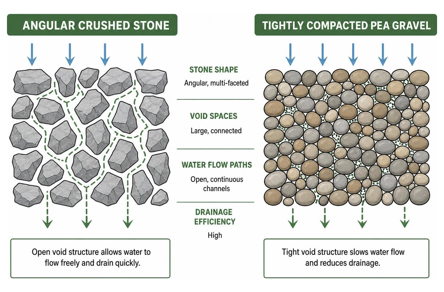 diagram showing void spaces in angular crushed stone vs tightly compacted pea gravel
