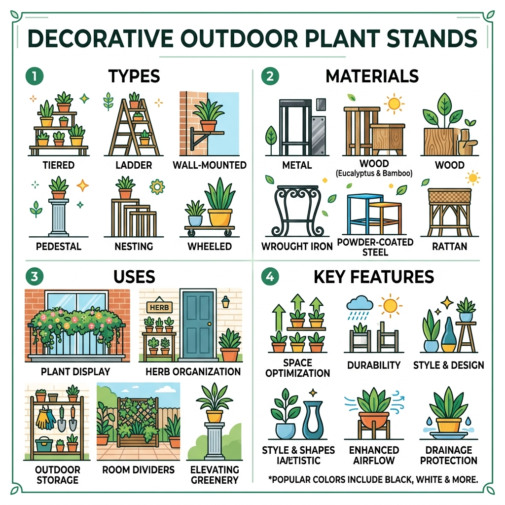 Infographic showing types, materials, uses, and key features of decorative outdoor plant stands - decorative outdoor plant