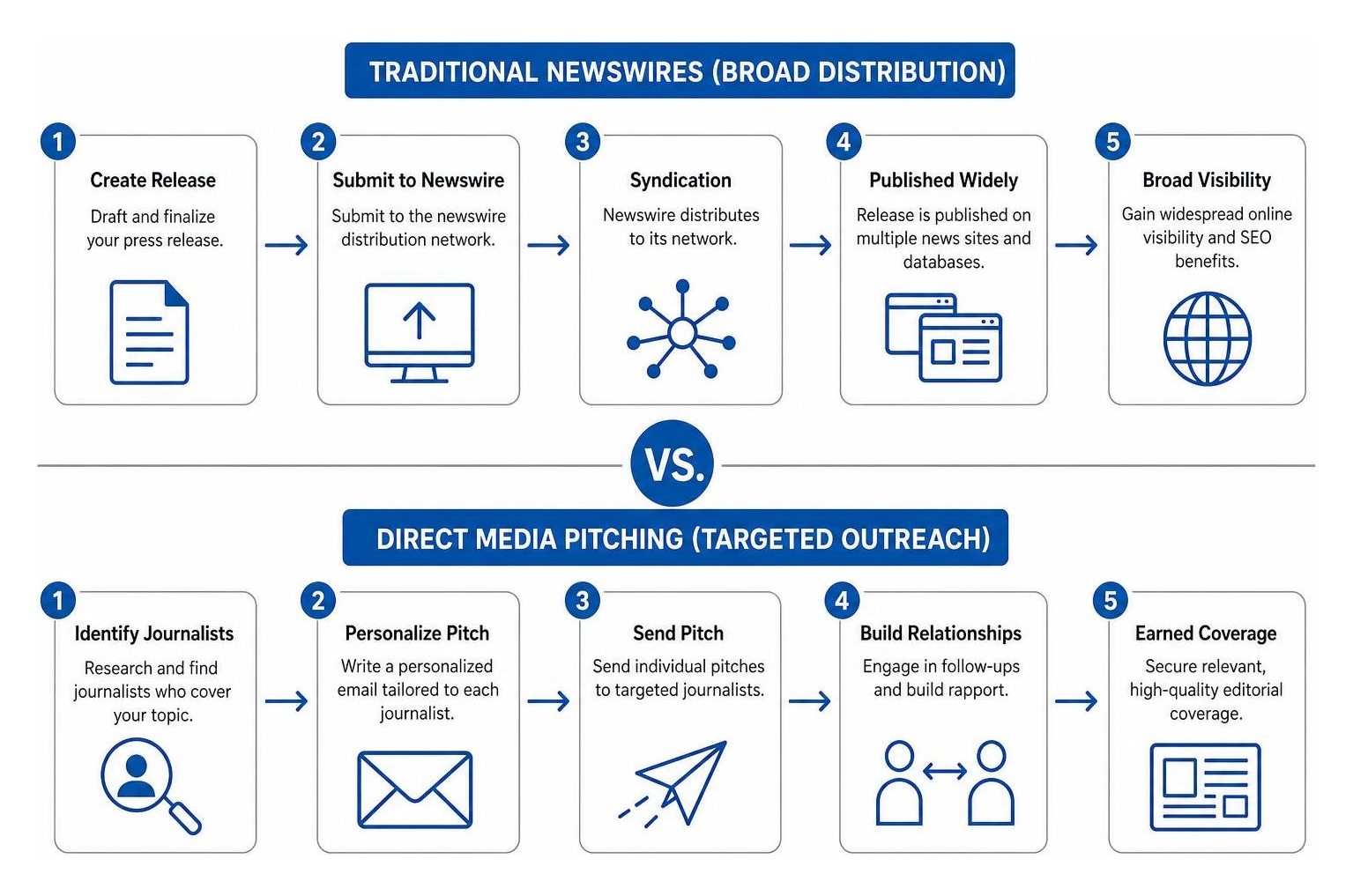 A comparison diagram showing traditional newswires versus direct media pitching workflows