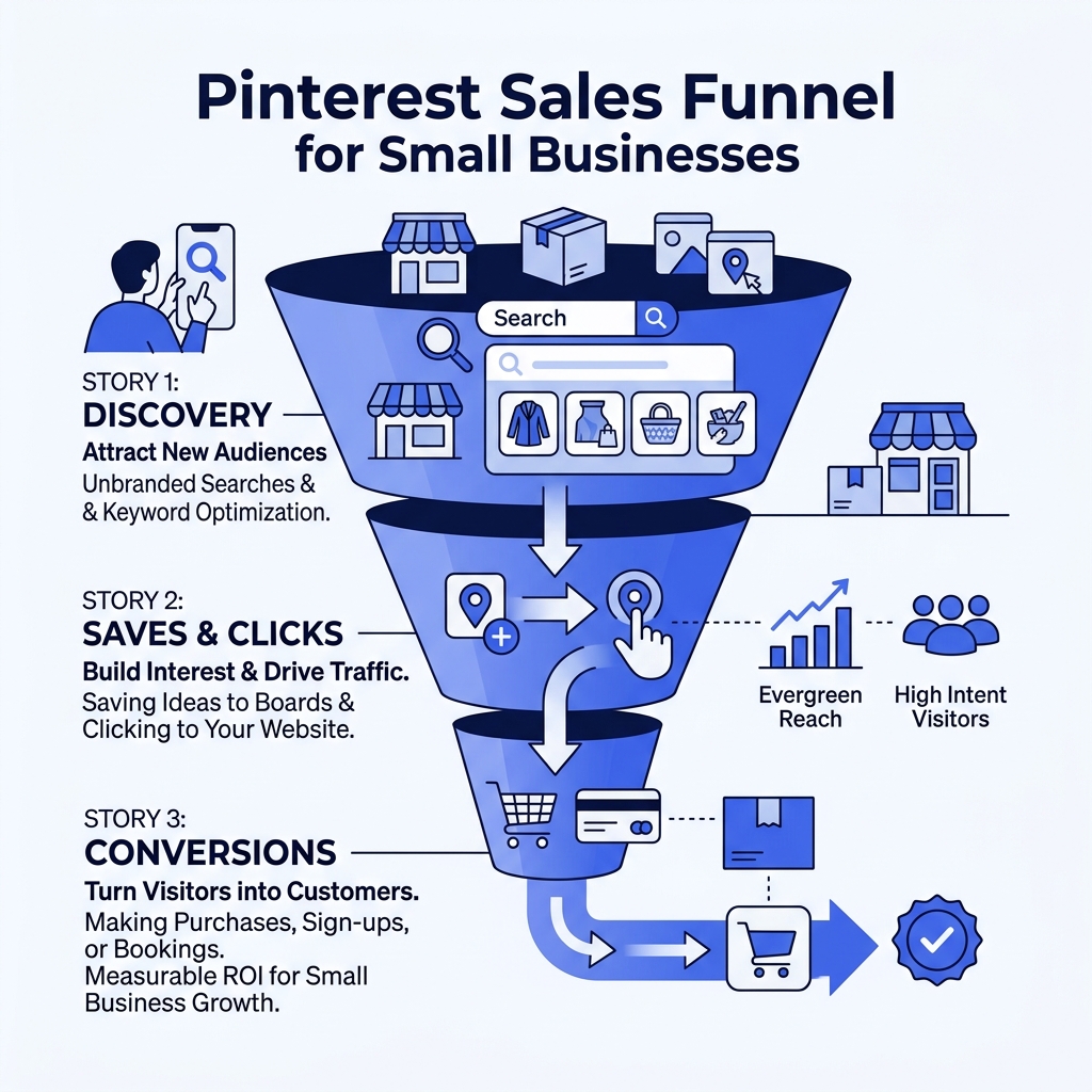 Pinterest sales funnel for small businesses showing discovery saves clicks and conversions - small business pinterest tips
