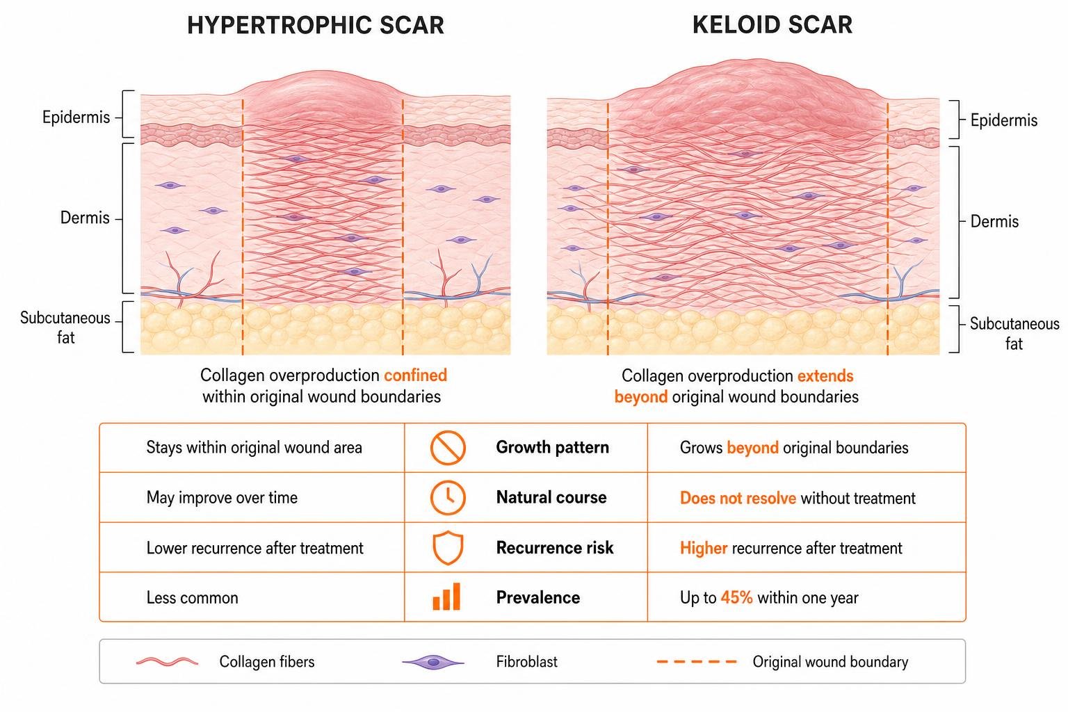 cross-section comparing hypertrophic and keloid scar tissue