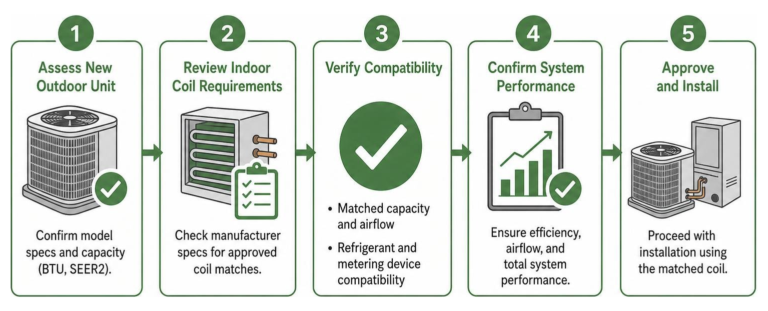 Diagram: The process of matching a new outdoor AC condenser with a compatible indoor coil