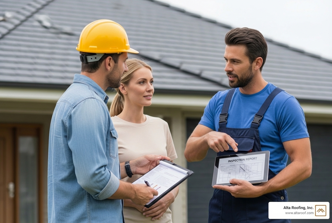Roofer providing detailed inspection report to homeowner - Colorado Springs roofing contractor