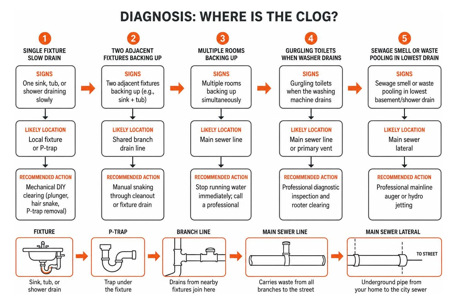 Flowchart showing diagnostic steps from single fixture to main sewer line