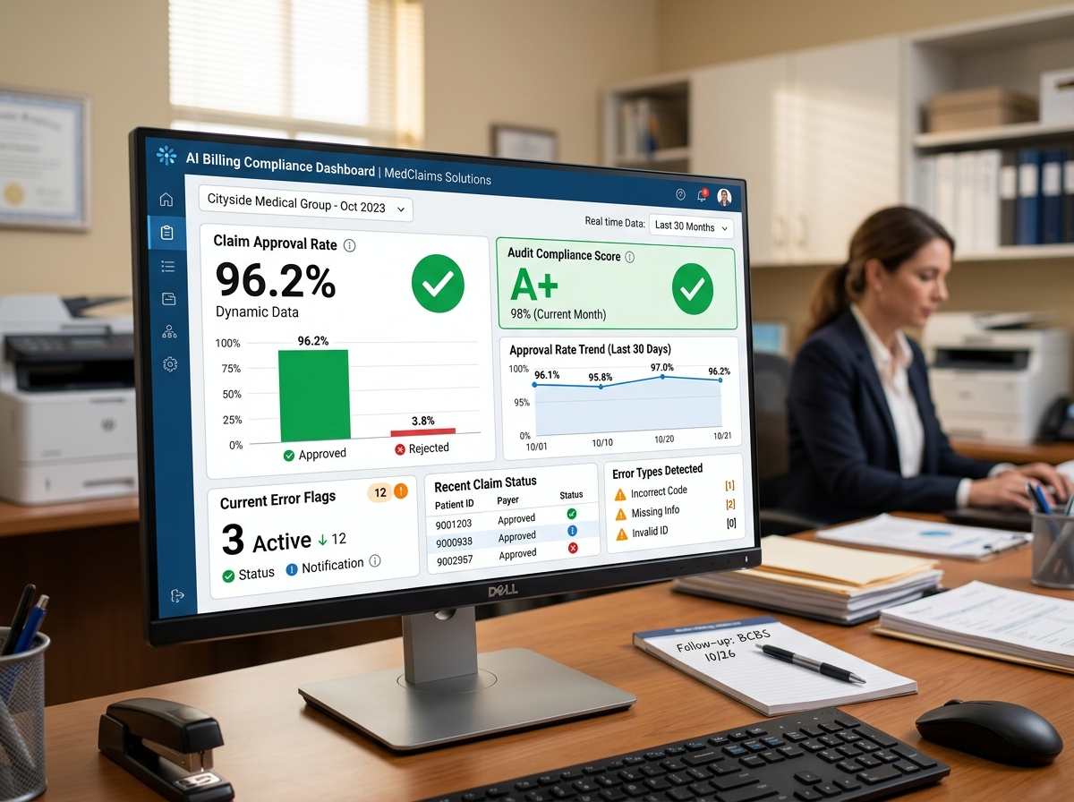 AI-automated billing software dashboard displaying compliance metrics - billing compliance