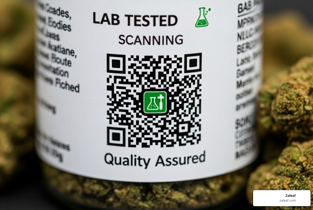 A QR code on a cannabis product label leading to a lab report - Cannabis delivery online