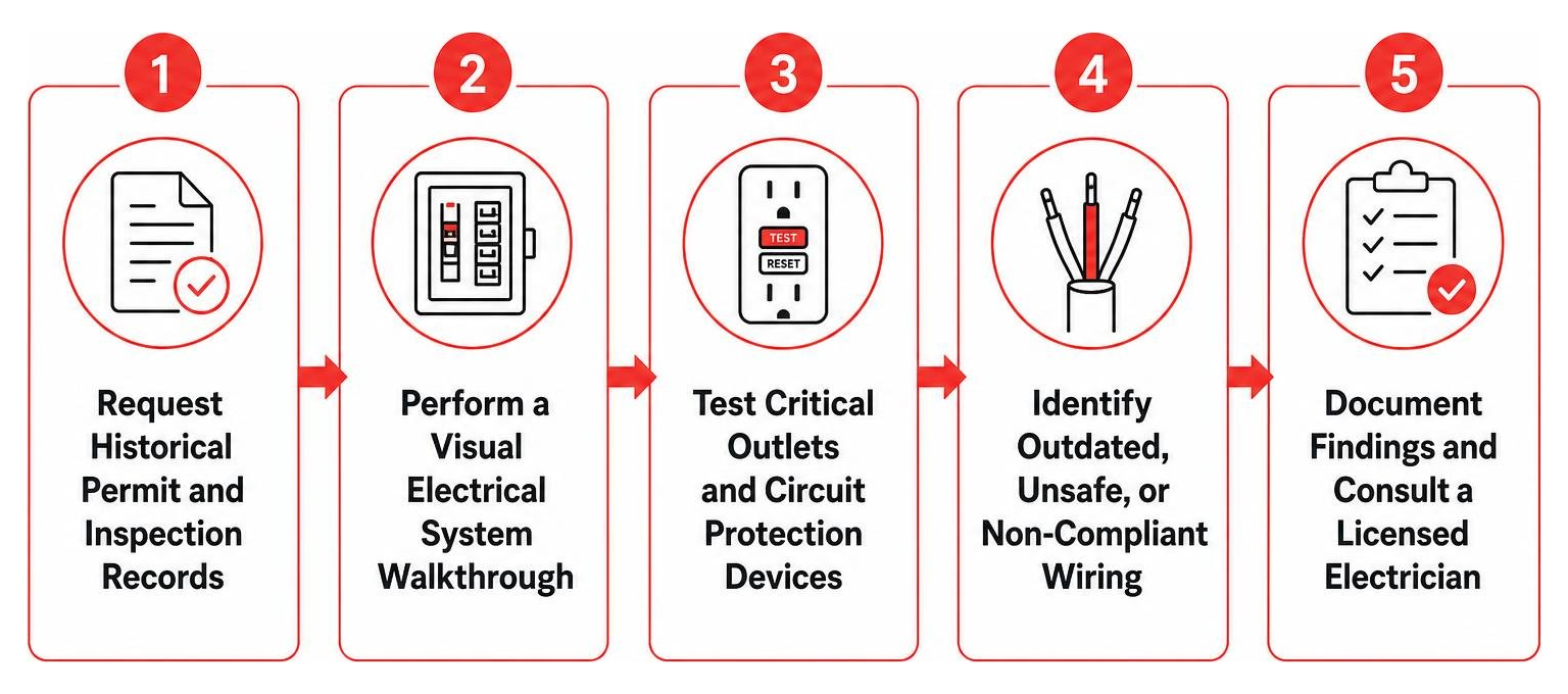 Diagram showing the 5-step checklist process to identify electrical code violations