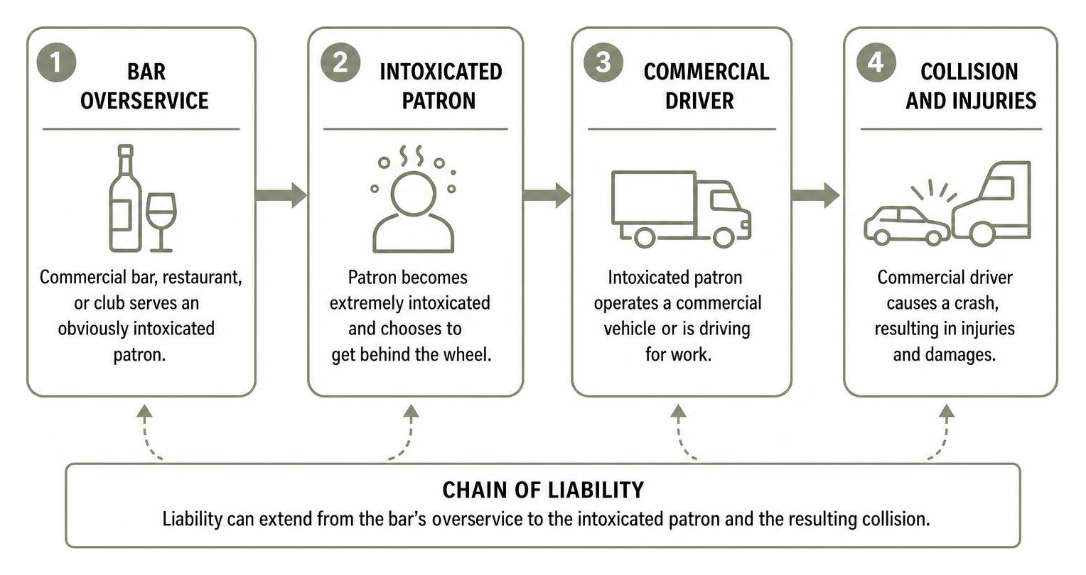 Diagram showing chain of liability from bar overservice to commercial driver collision Diagram showing chain of liability from bar overservice to commercial driver collision
