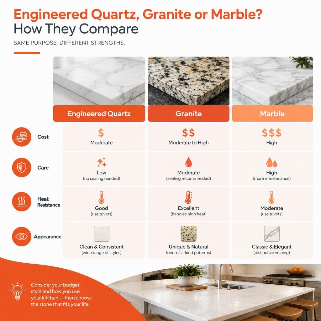 Comparison of engineered quartz, granite, and marble by cost, care, heat resistance, and appearance infographic