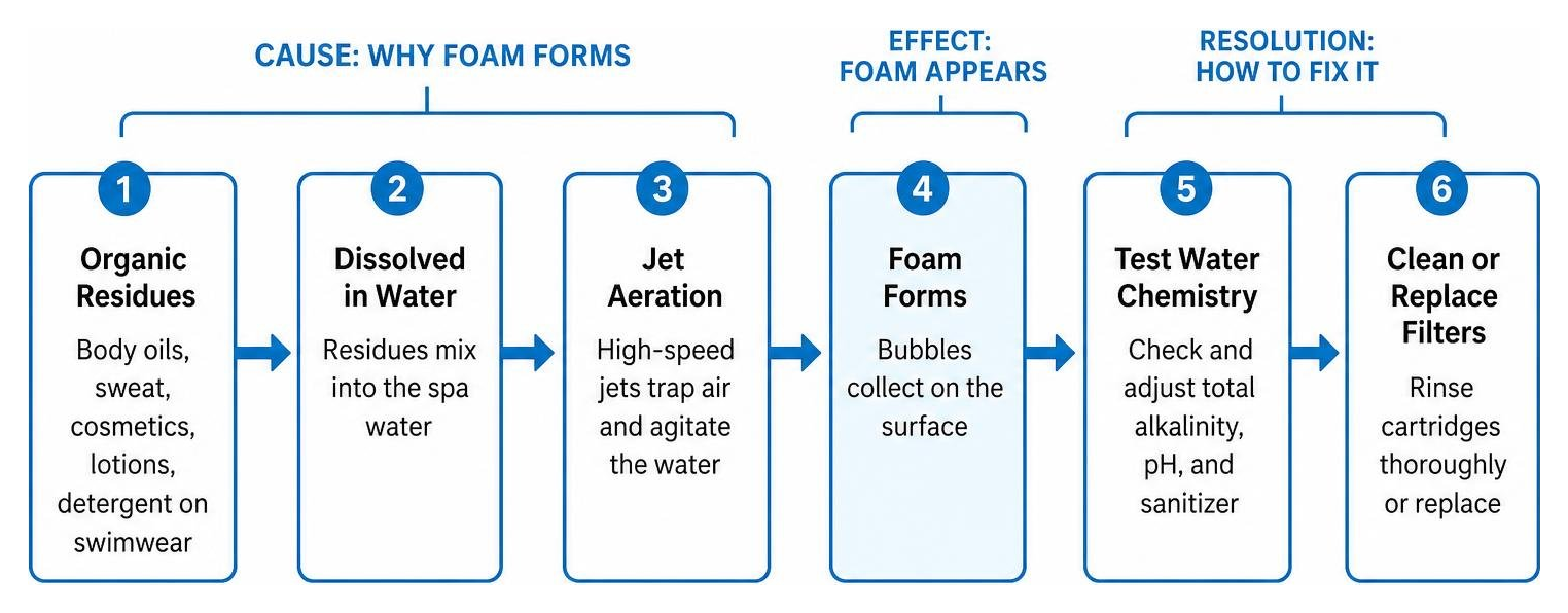 Cause and effect chain of spa water foaming and resolution Cause and effect chain of spa water foaming and resolution