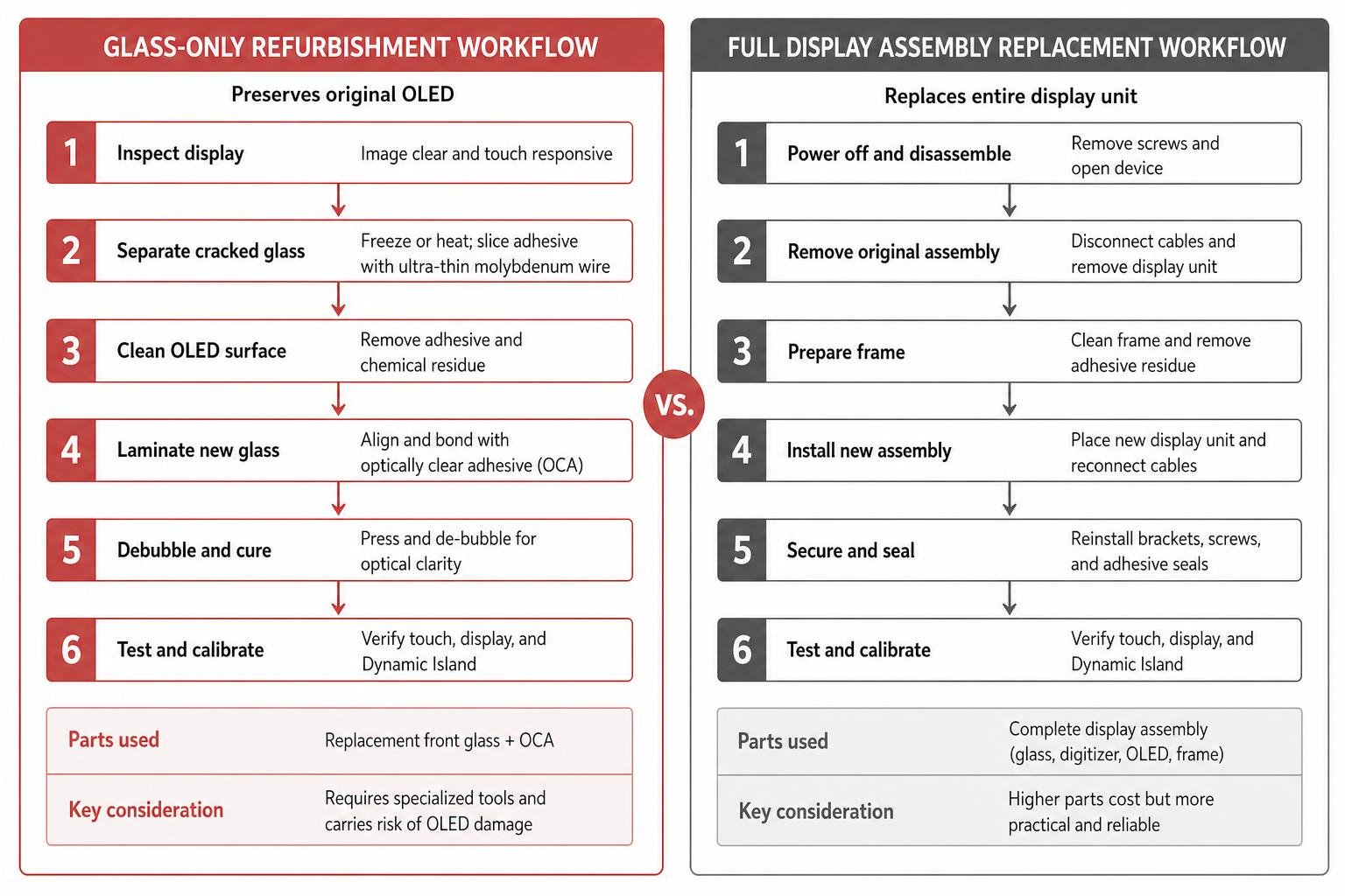 Glass-only refurbishment workflow versus full display assembly replacement workflow