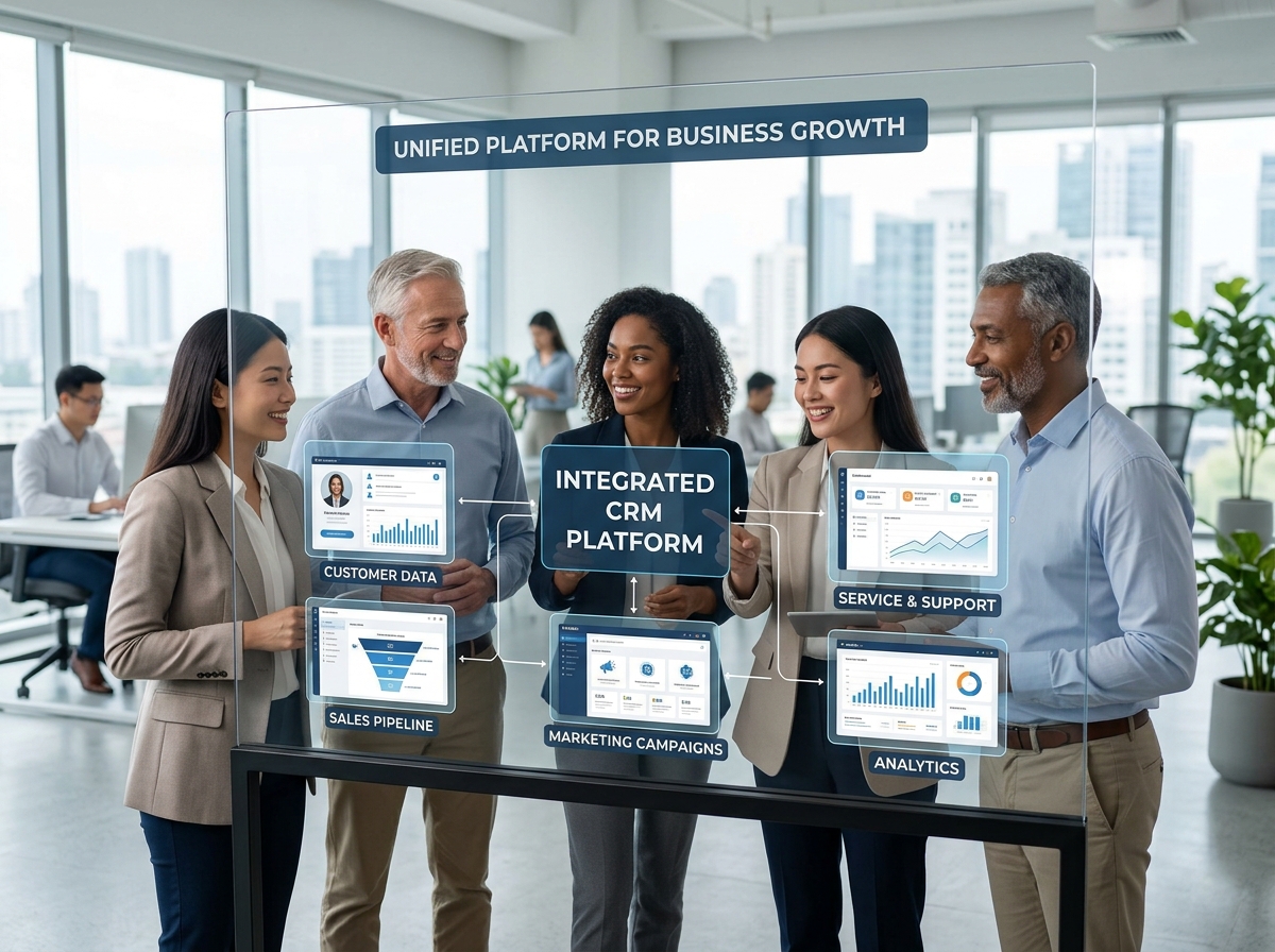 Contrast between Chaos of scattered apps and Clarity of a unified platform - Integrated CRM platform