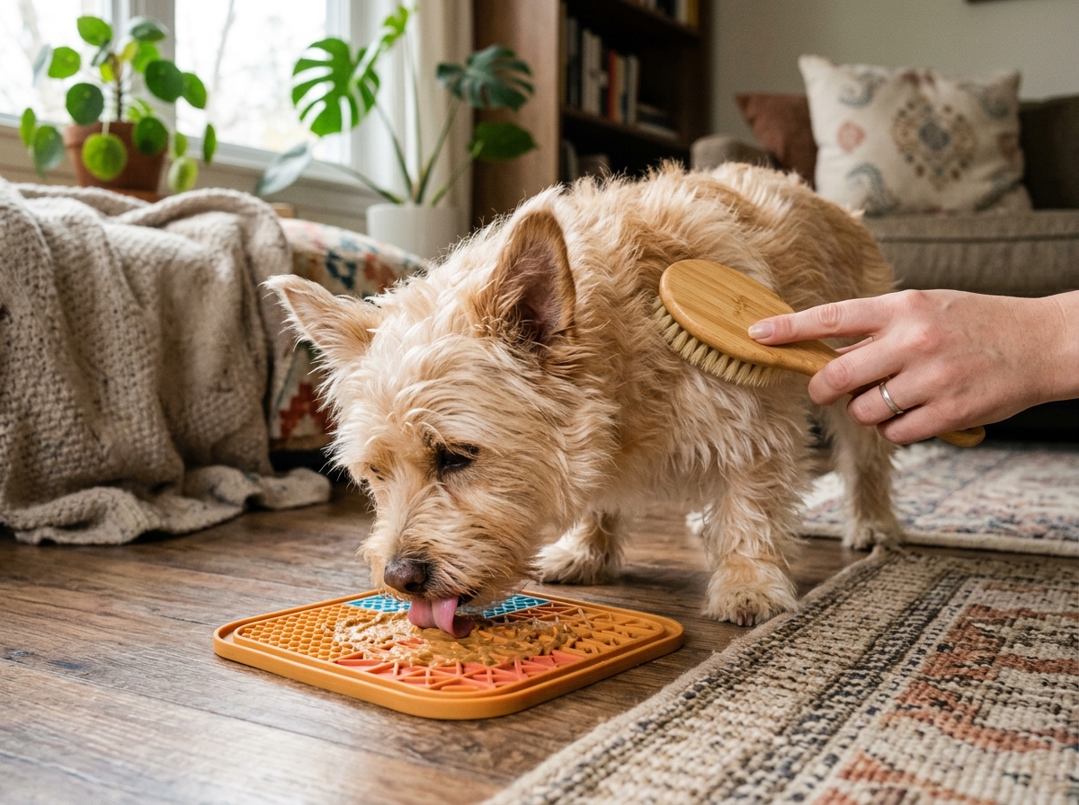 A small dog happily distracted by a lick mat while an owner gently brushes their shoulder - calm small dog during brushing A small dog happily distracted by a lick mat while an owner gently brushes their shoulder - calm small dog during brushing