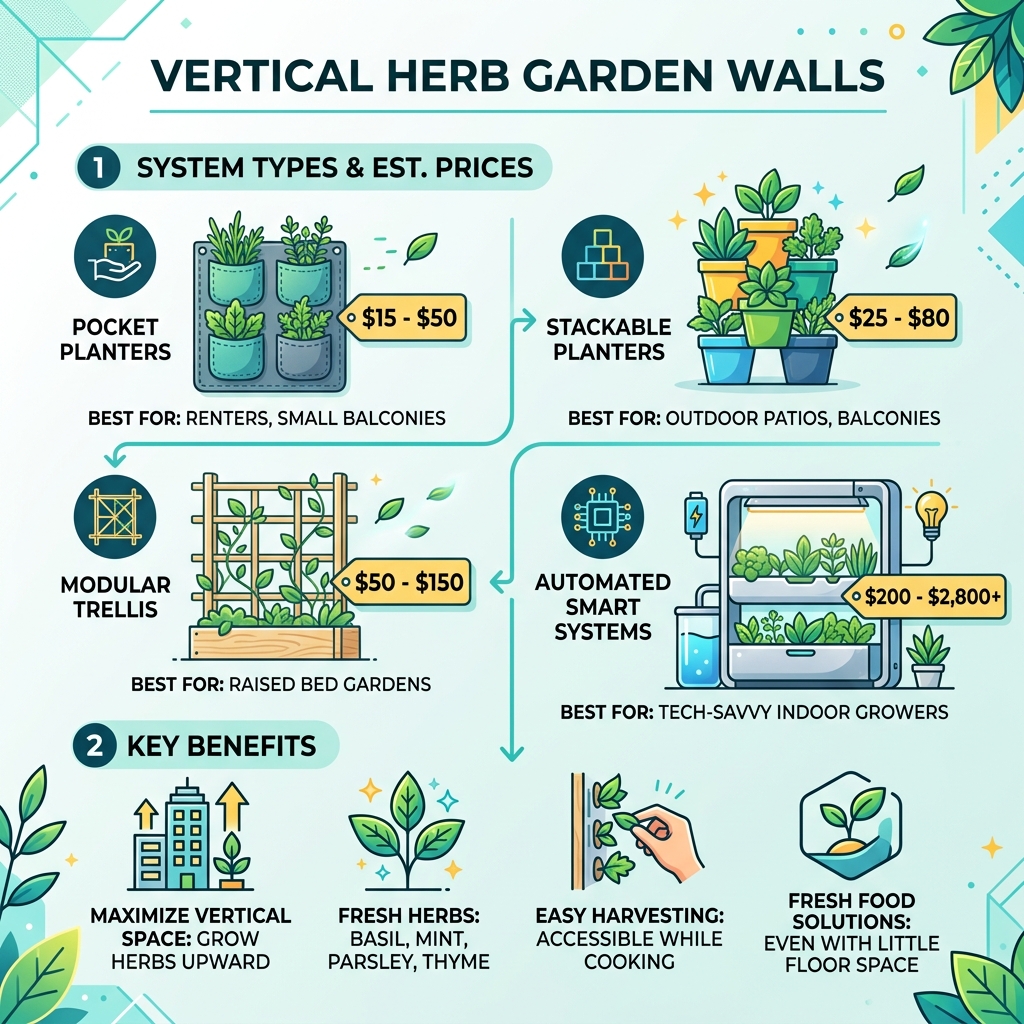 Infographic showing vertical herb garden wall types, benefits, and price ranges - vertical herb garden wall infographic 