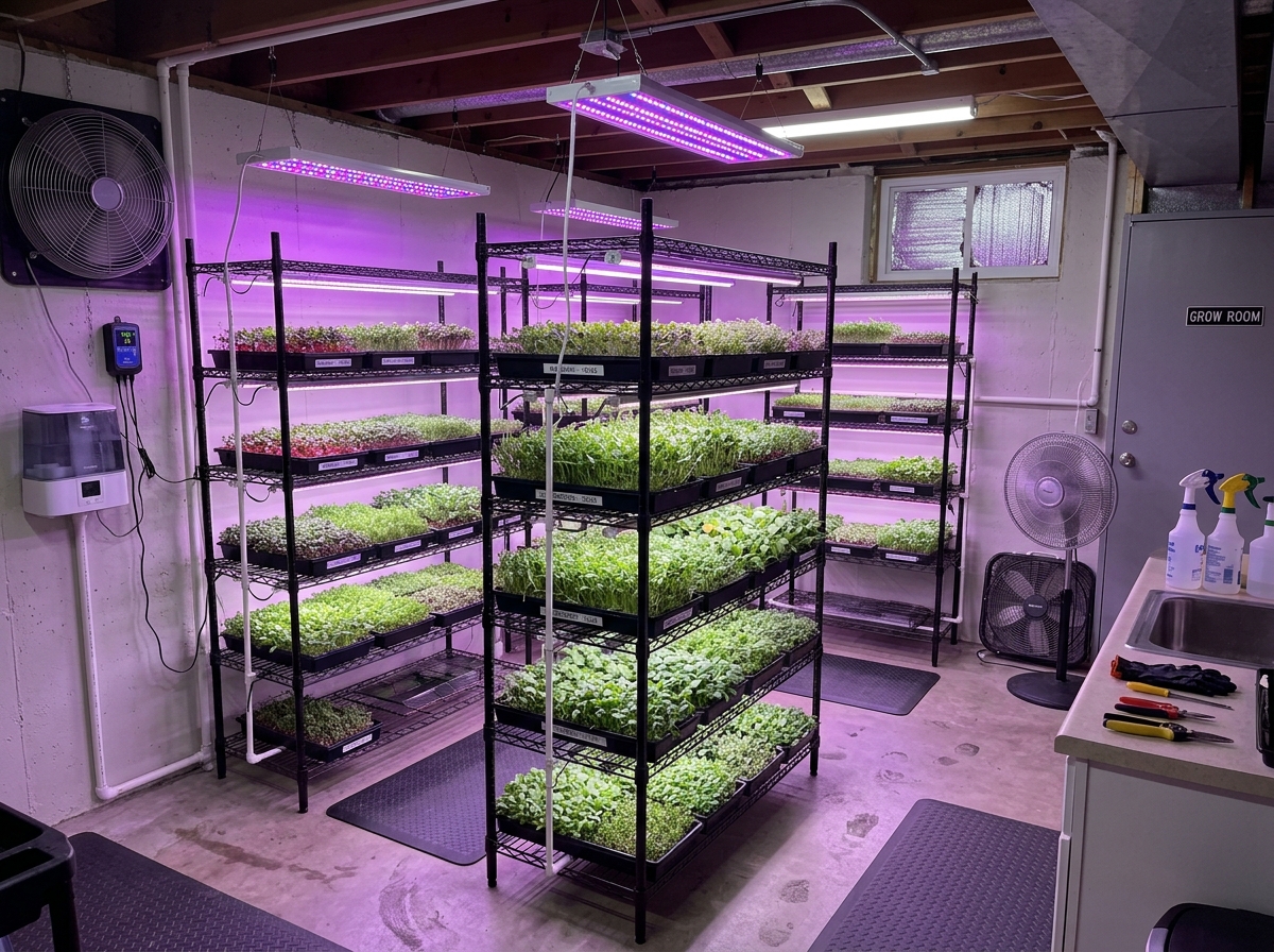 Indoor microgreen grow room with vertical racks and LED lighting - how to start a microgreen business