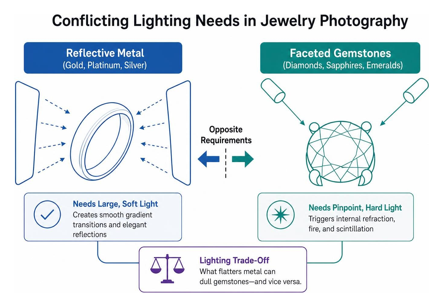 Diagram showing conflicting lighting needs of reflective metal versus faceted gemstones