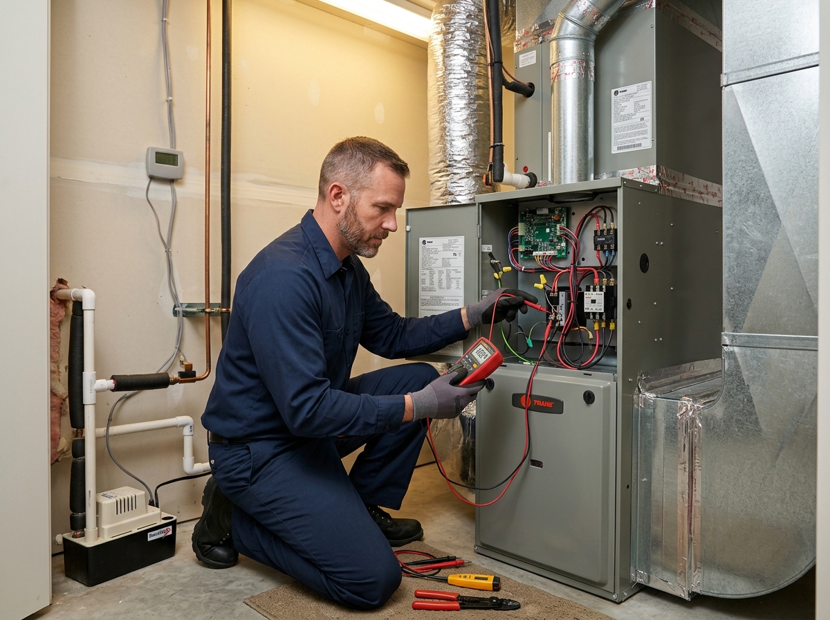 Professional technician in a blue uniform testing electrical connections on an indoor air handler - HVAC Orange Park FL Professional technician in a blue uniform testing electrical connections on an indoor air handler - HVAC Orange Park FL