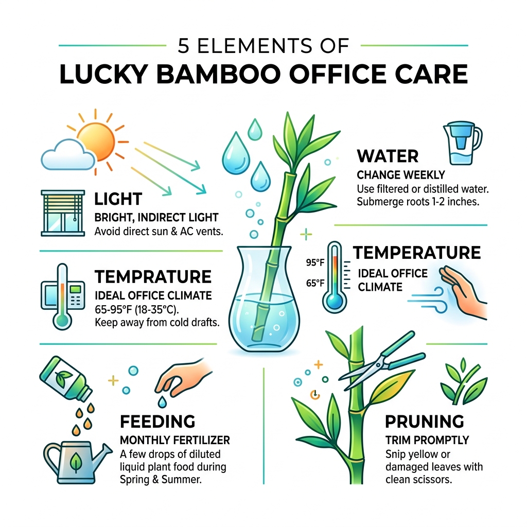 5 elements of Lucky Bamboo office care: light, water, temperature, feeding, pruning - how to take care of bamboo plant in