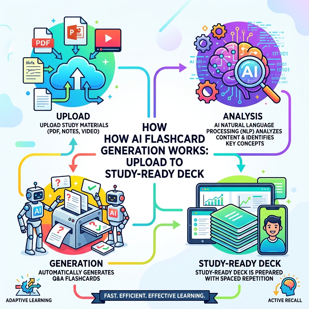 How AI flashcard generation works from upload to study-ready deck - ai study flashcards infographic 
