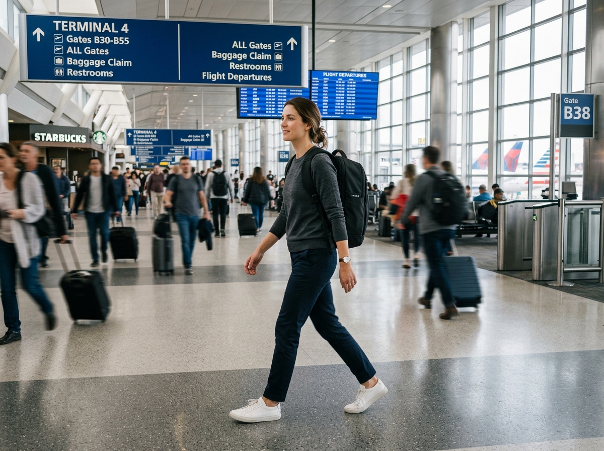 minimalist traveler walking through an airport with a single small backpack - compact lightweight travel gear minimalist traveler walking through an airport with a single small backpack - compact lightweight travel gear
